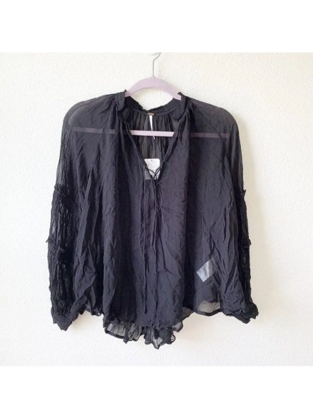 Free People Black Sheer Balloon Sleeve Blouse Women's X-Small XS NWT